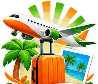 Koffer, Flugzeug und Palme – Symbolbild für Reise-Angebote